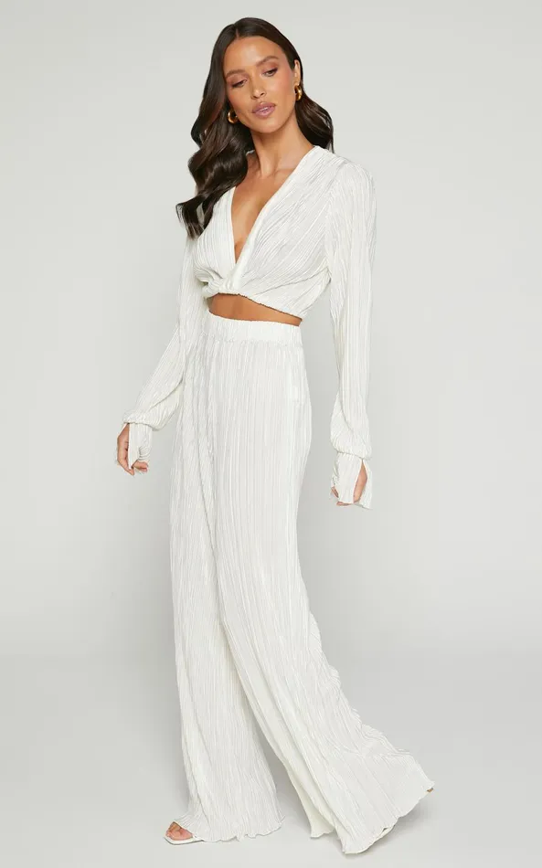 Showpo Aluna Two Piece Set 8211 Plisse Twist Front Crop Top And Wide Leg Pants Set In Oyster Women Curve Clothes