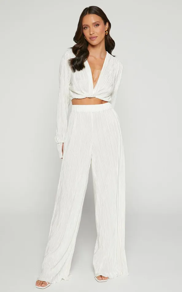 Showpo Aluna Two Piece Set 8211 Plisse Twist Front Crop Top And Wide Leg Pants Set In Oyster Women Curve Clothes