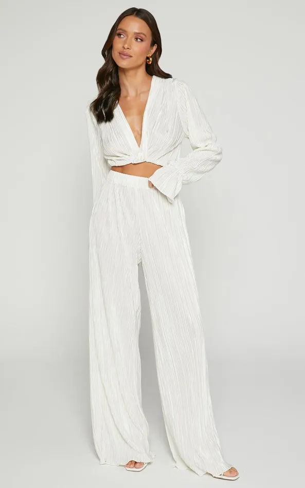 Showpo Aluna Two Piece Set 8211 Plisse Twist Front Crop Top And Wide Leg Pants Set In Oyster Women Curve Clothes