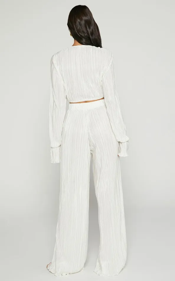 Showpo Aluna Two Piece Set 8211 Plisse Twist Front Crop Top And Wide Leg Pants Set In Oyster Women Curve Clothes