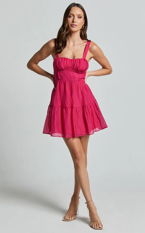 Showpo Alva Mini Dress 8211 Sleeveless Ruched Bust Tiered Dress In Fuchsia Women Dresses