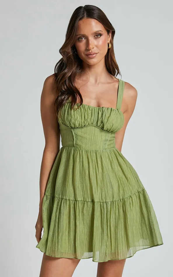 Showpo Alva Mini Dress 8211 Sleeveless Ruched Bust Tiered Dress In Sage Women Dresses Showpo Alva Mini Dress 8211 Sleeveless Ruched Bust Tiered Dress In Sage Women Dresses
