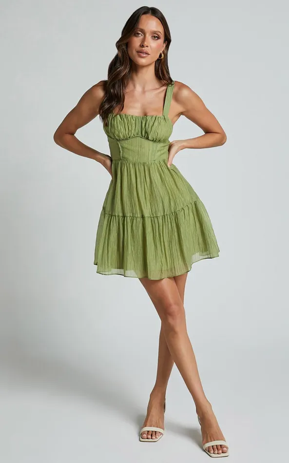 Showpo Alva Mini Dress 8211 Sleeveless Ruched Bust Tiered Dress In Sage Women Dresses