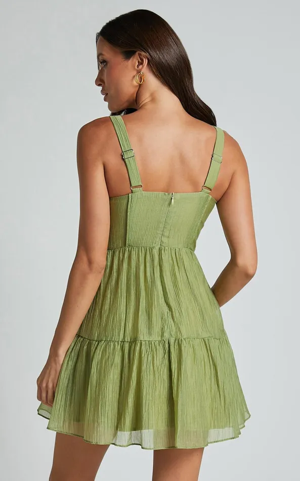 Showpo Alva Mini Dress 8211 Sleeveless Ruched Bust Tiered Dress In Sage Women Dresses