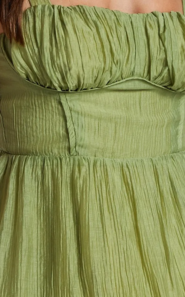 Showpo Alva Mini Dress 8211 Sleeveless Ruched Bust Tiered Dress In Sage Women Dresses