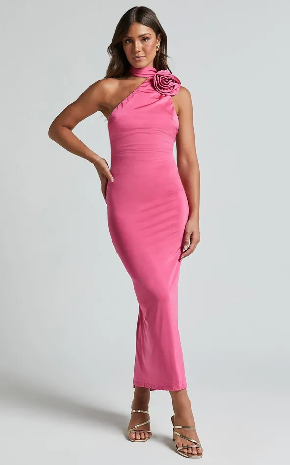 Showpo Alvera Maxi Dress 8211 Rosette Neck Tie Detail Dress In Pink Women Dresses
