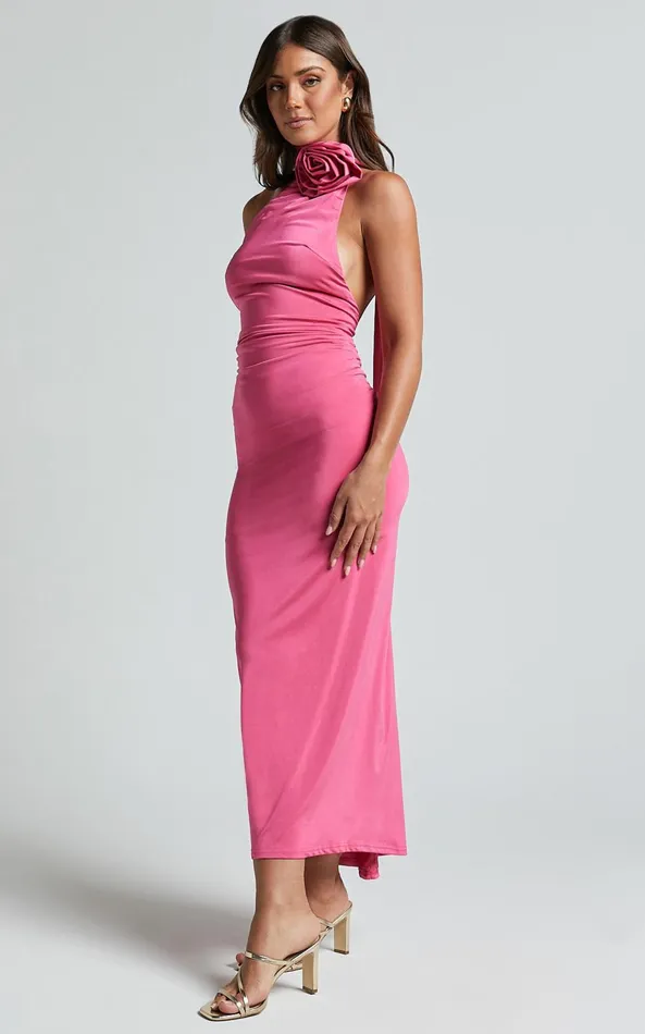 Showpo Alvera Maxi Dress 8211 Rosette Neck Tie Detail Dress In Pink Women Dresses