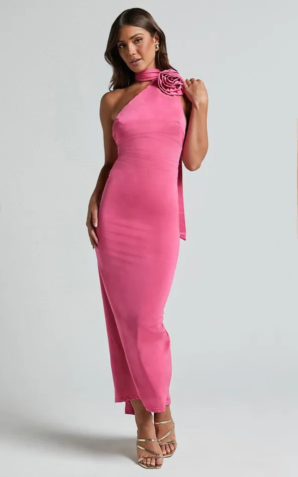 Showpo Alvera Maxi Dress 8211 Rosette Neck Tie Detail Dress In Pink Women Dresses