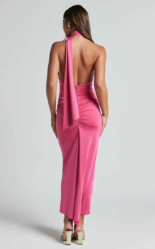 Showpo Alvera Maxi Dress 8211 Rosette Neck Tie Detail Dress In Pink Women Dresses