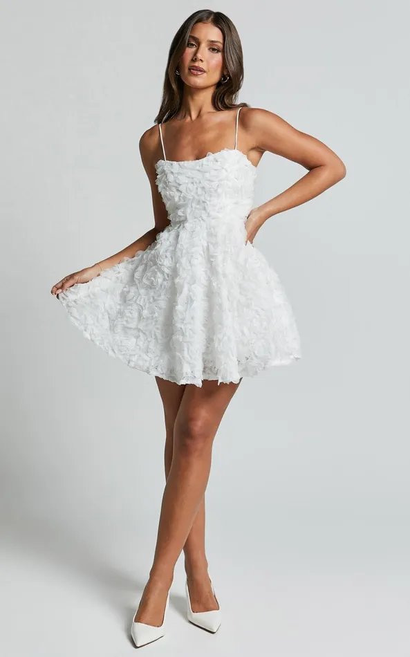 Showpo Alvia Mini Dress 8211 3d Flower Full Skirt Dress In White Women Dresses