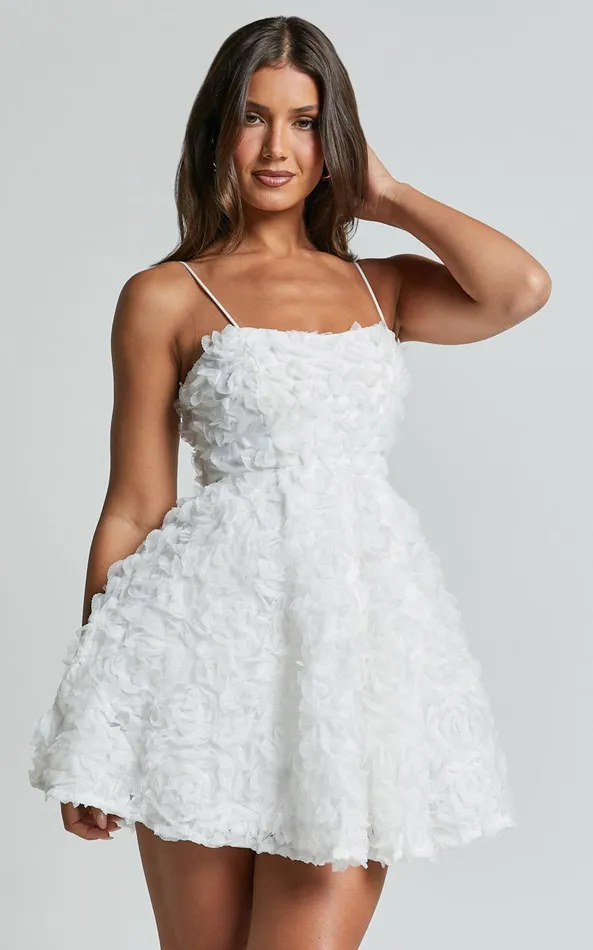 Showpo Alvia Mini Dress 8211 3d Flower Full Skirt Dress In White Women Dresses