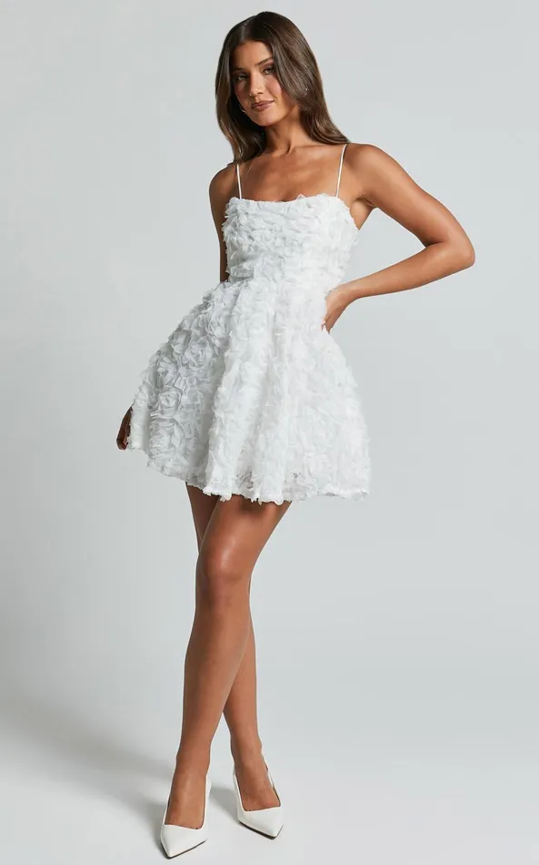 Showpo Alvia Mini Dress 8211 3d Flower Full Skirt Dress In White Women Dresses