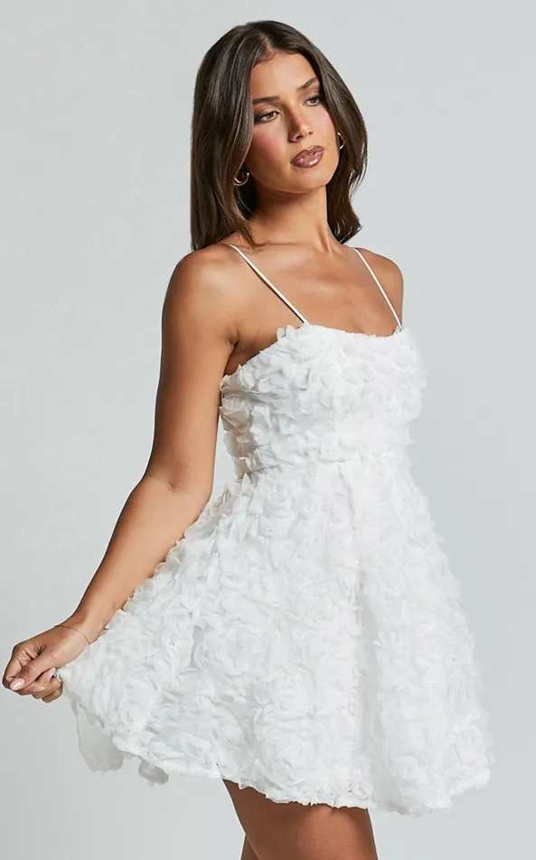 Showpo Alvia Mini Dress 8211 3d Flower Full Skirt Dress In White Women Dresses