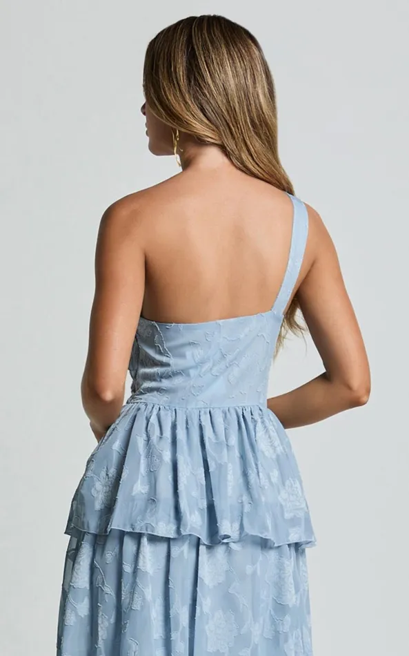 Showpo Alvinia Midi Dress 8211 One Shoulder Cut Out Tiered Dress In Light Blue Women Dresses
