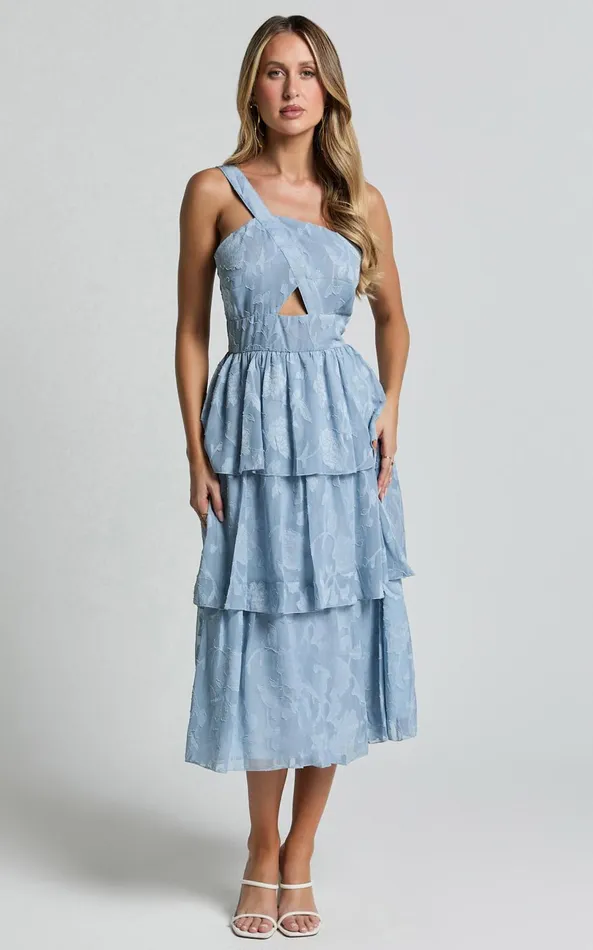 Showpo Alvinia Midi Dress 8211 One Shoulder Cut Out Tiered Dress In Light Blue Women Dresses