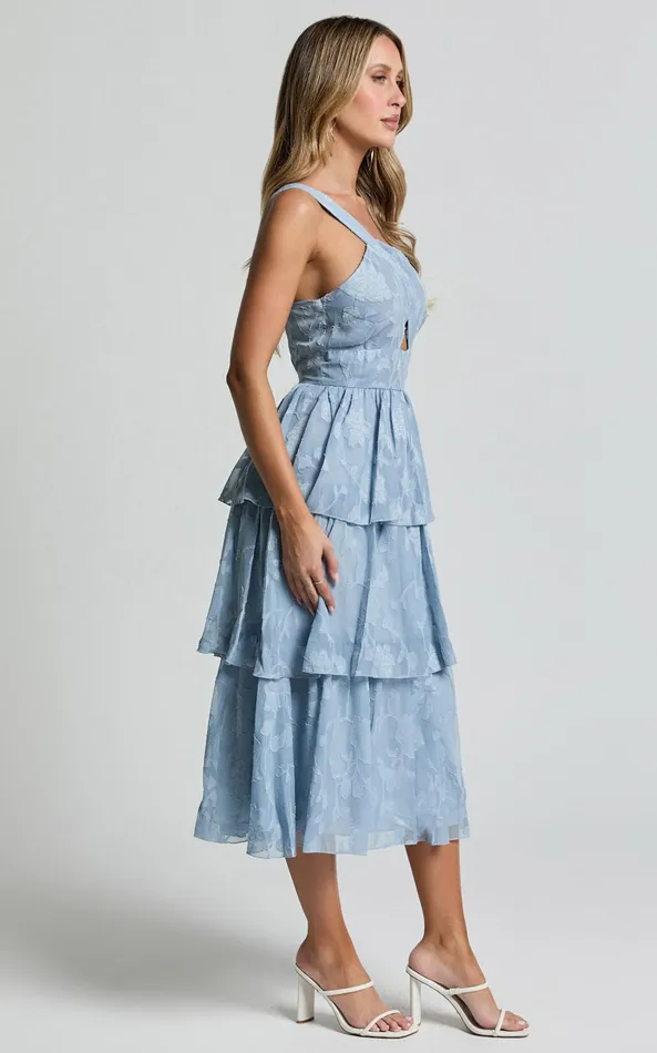 Showpo Alvinia Midi Dress 8211 One Shoulder Cut Out Tiered Dress In Light Blue Women Dresses
