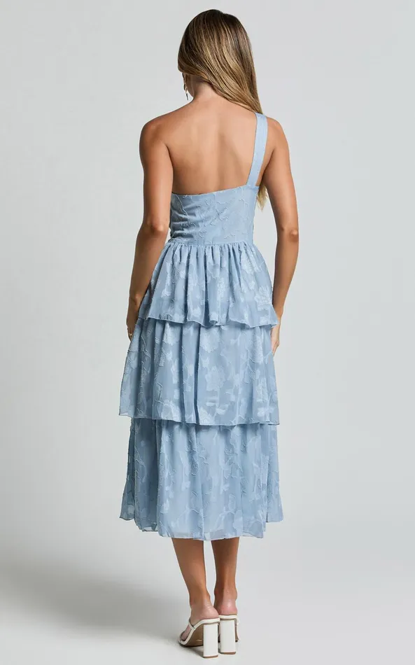 Showpo Alvinia Midi Dress 8211 One Shoulder Cut Out Tiered Dress In Light Blue Women Dresses