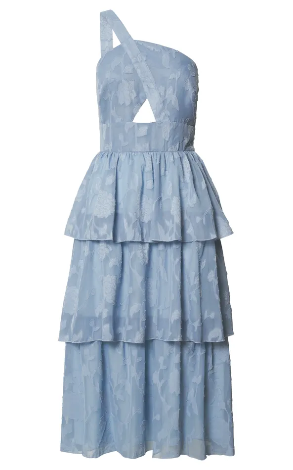 Showpo Alvinia Midi Dress 8211 One Shoulder Cut Out Tiered Dress In Light Blue Women Dresses