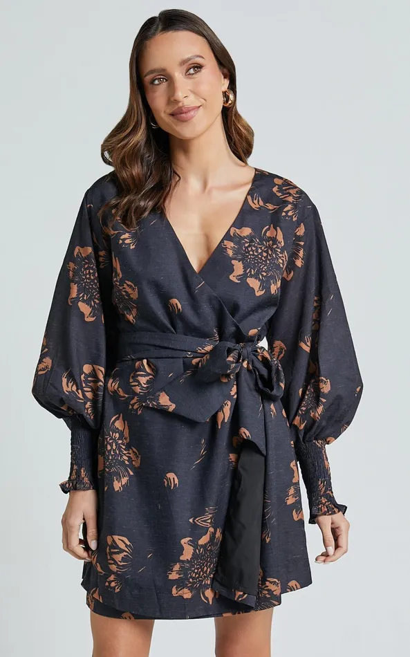 Showpo Alvinia Mini Dress 8211 Balloon Long Sleeve Wrap Dress In Black Print Women Dresses Showpo Alvinia Mini Dress 8211 Balloon Long Sleeve Wrap Dress In Black Print Women Dresses