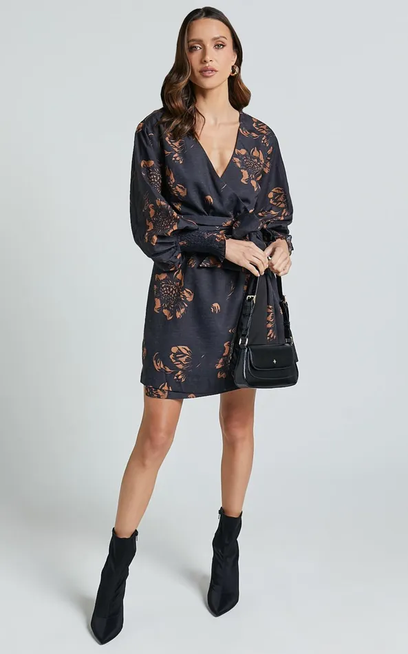 Showpo Alvinia Mini Dress 8211 Balloon Long Sleeve Wrap Dress In Black Print Women Dresses