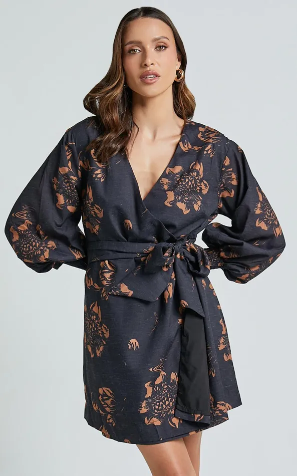 Showpo Alvinia Mini Dress 8211 Balloon Long Sleeve Wrap Dress In Black Print Women Dresses