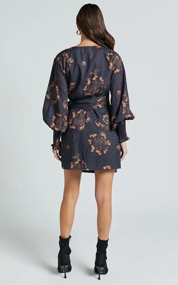 Showpo Alvinia Mini Dress 8211 Balloon Long Sleeve Wrap Dress In Black Print Women Dresses