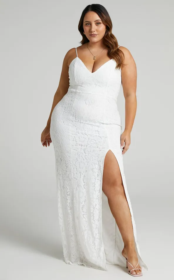 Showpo Always Extra Thigh Split Maxi Dress In White Lace Women Curve Clothes