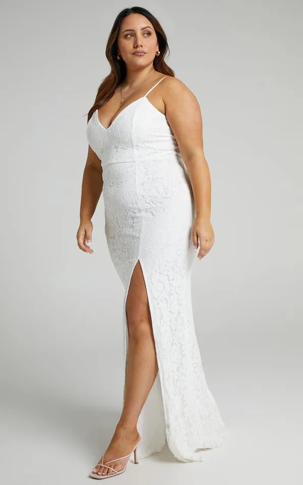 Showpo Always Extra Thigh Split Maxi Dress In White Lace Women Curve Clothes