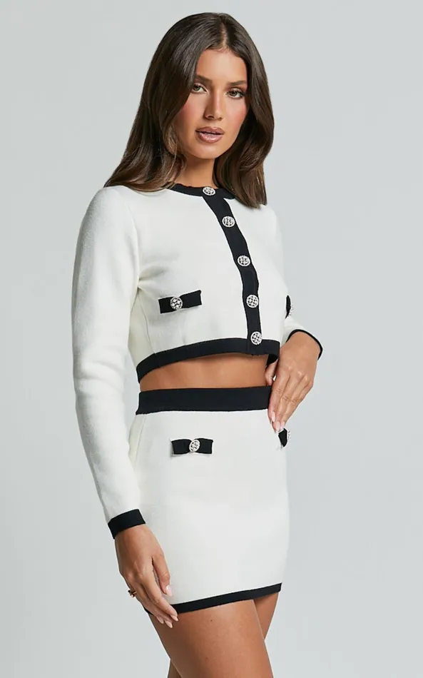 Showpo Alyce Cardigan 8211 Button Through Bow Detail Contrast Knit Cardigan In White and Black Women Knitwear