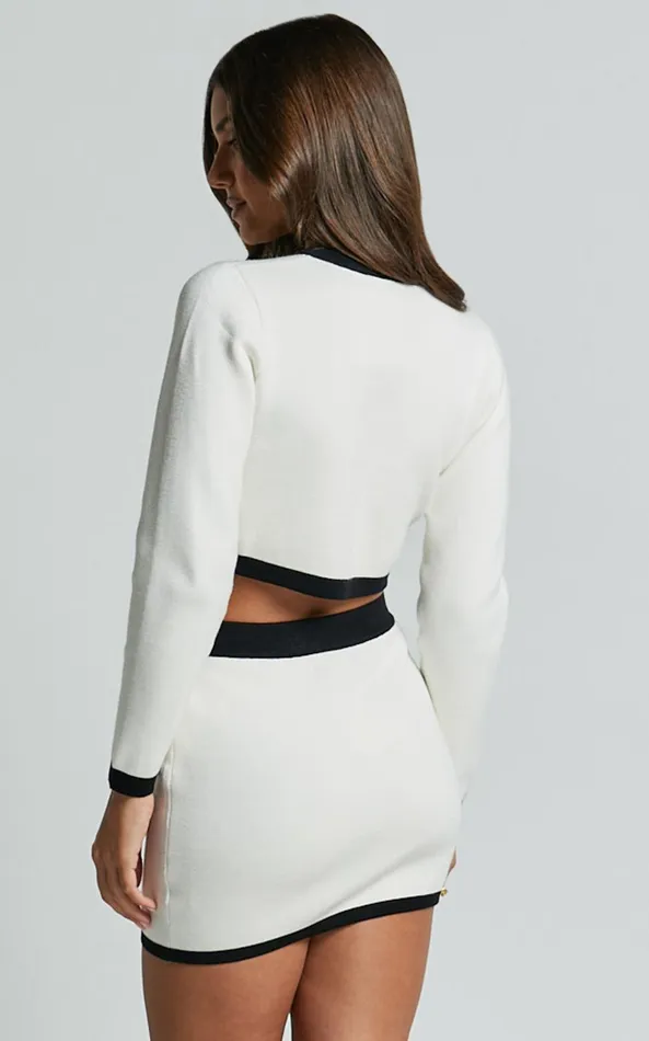 Showpo Alyce Cardigan 8211 Button Through Bow Detail Contrast Knit Cardigan In White and Black Women Knitwear