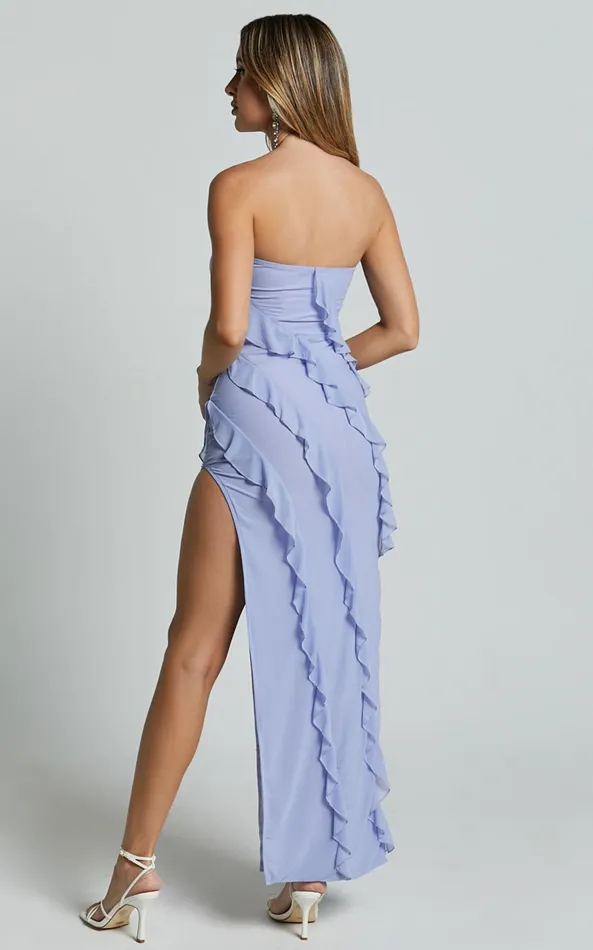 Showpo Alyssa Midi Dress 8211 Strapless High Slit Ruffle Detail Dress In Soft Blue Women Dresses