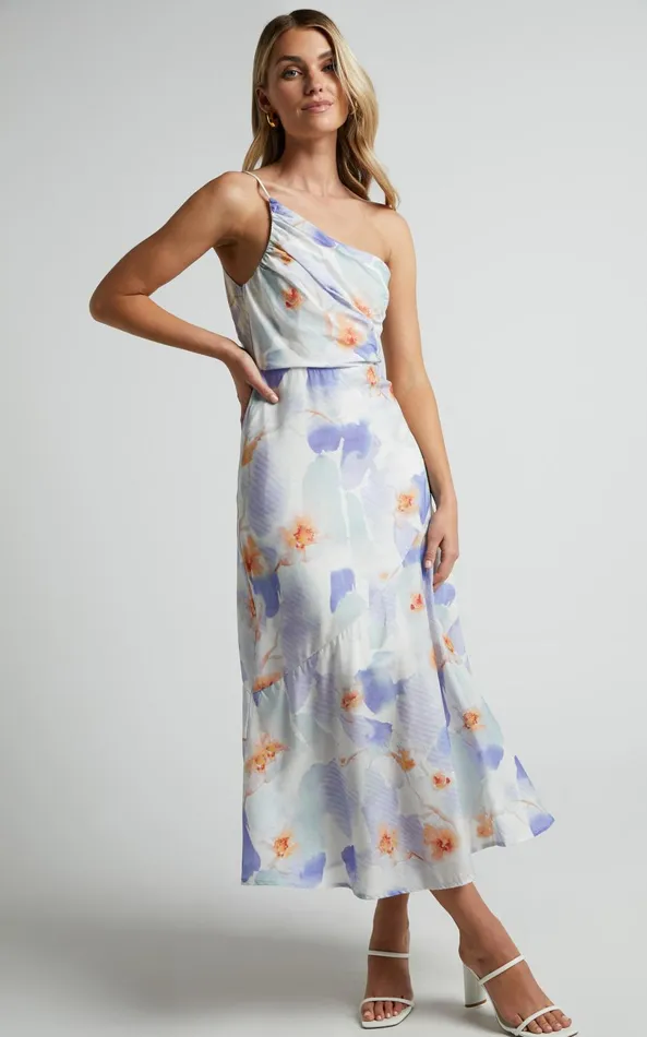 Showpo Alyssia Midi Dress 8211 One Shoulder Ruched Satin Dress In Blue Floral Women Dresses Showpo Alyssia Midi Dress 8211 One Shoulder Ruched Satin Dress In Blue Floral Women Dresses