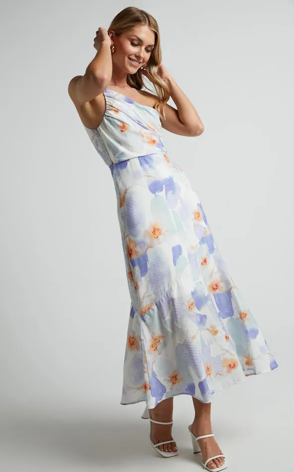 Showpo Alyssia Midi Dress 8211 One Shoulder Ruched Satin Dress In Blue Floral Women Dresses