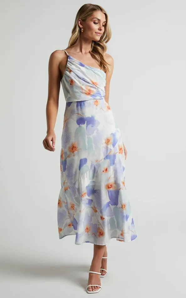 Showpo Alyssia Midi Dress 8211 One Shoulder Ruched Satin Dress In Blue Floral Women Dresses