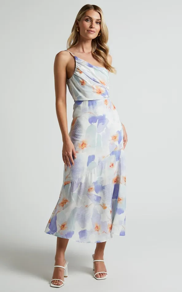 Showpo Alyssia Midi Dress 8211 One Shoulder Ruched Satin Dress In Blue Floral Women Dresses
