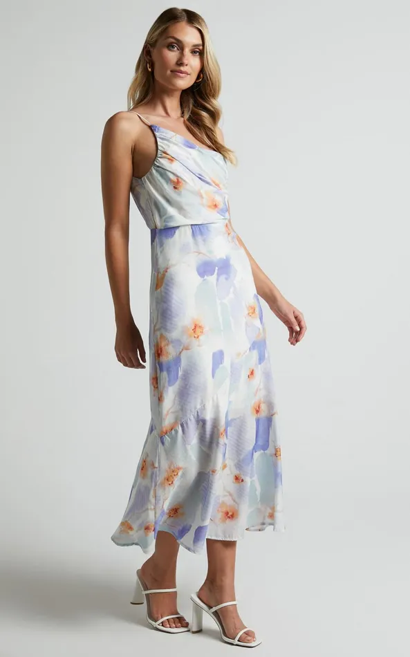 Showpo Alyssia Midi Dress 8211 One Shoulder Ruched Satin Dress In Blue Floral Women Dresses