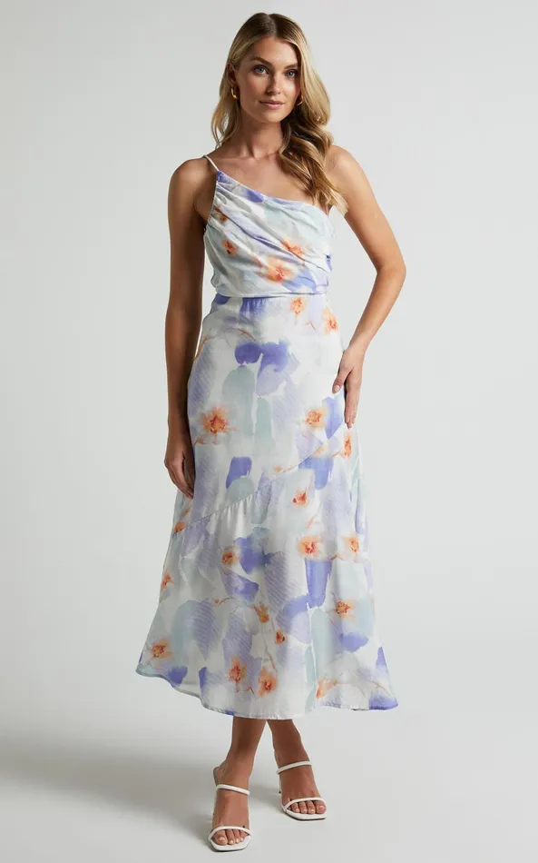 Showpo Alyssia Midi Dress 8211 One Shoulder Ruched Satin Dress In Blue Floral Women Dresses