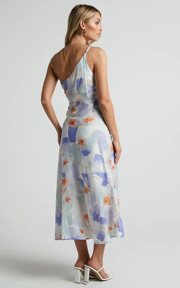 Showpo Alyssia Midi Dress 8211 One Shoulder Ruched Satin Dress In Blue Floral Women Dresses