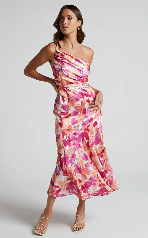 Showpo Alyssia Midi Dress 8211 One Shoulder Ruched Satin Dress In Pink Floral Women Dresses Showpo Alyssia Midi Dress 8211 One Shoulder Ruched Satin Dress In Pink Floral Women Dresses