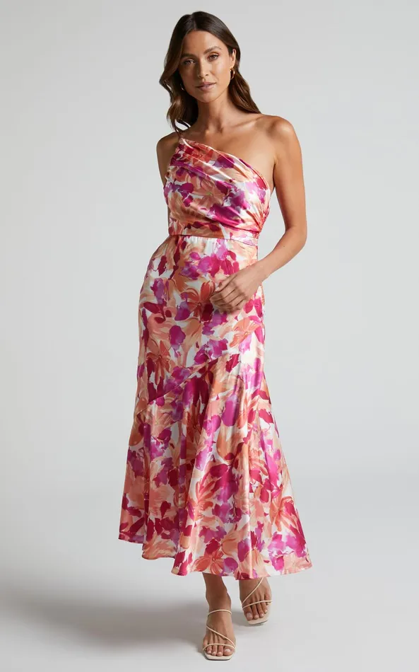 Showpo Alyssia Midi Dress 8211 One Shoulder Ruched Satin Dress In Pink Floral Women Dresses