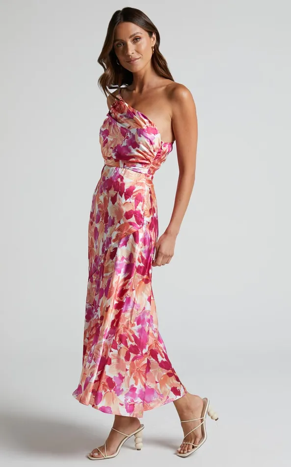 Showpo Alyssia Midi Dress 8211 One Shoulder Ruched Satin Dress In Pink Floral Women Dresses