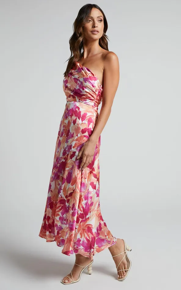 Showpo Alyssia Midi Dress 8211 One Shoulder Ruched Satin Dress In Pink Floral Women Dresses