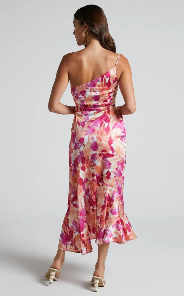 Showpo Alyssia Midi Dress 8211 One Shoulder Ruched Satin Dress In Pink Floral Women Dresses