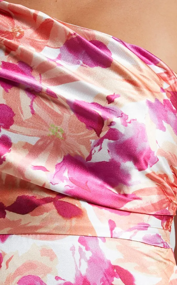 Showpo Alyssia Midi Dress 8211 One Shoulder Ruched Satin Dress In Pink Floral Women Dresses
