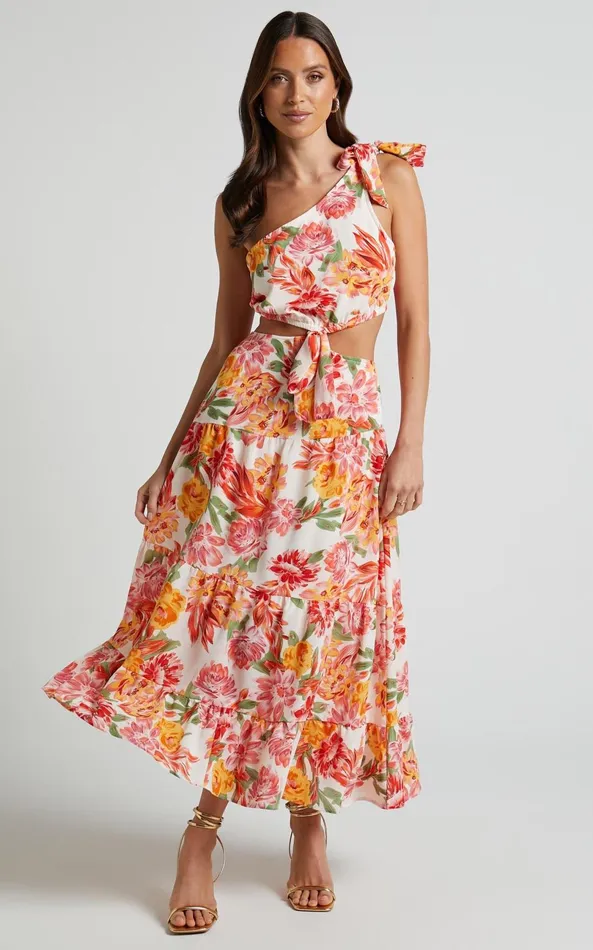 Showpo Amabella Midi Dress 8211 Tie One Shoulder Cut Out Dress In Orange Floral Women Dresses