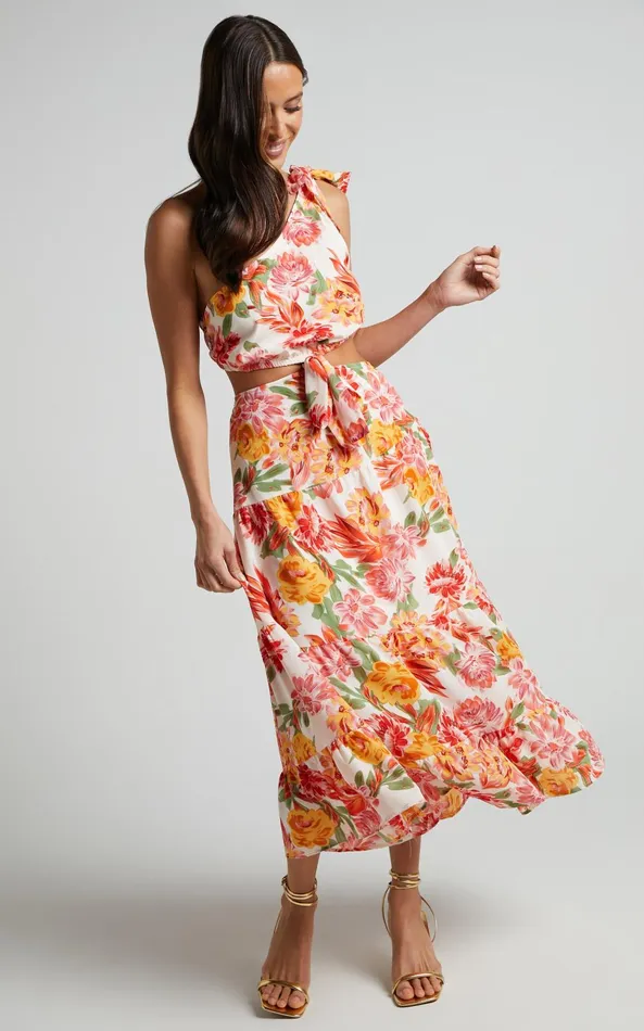 Showpo Amabella Midi Dress 8211 Tie One Shoulder Cut Out Dress In Orange Floral Women Dresses