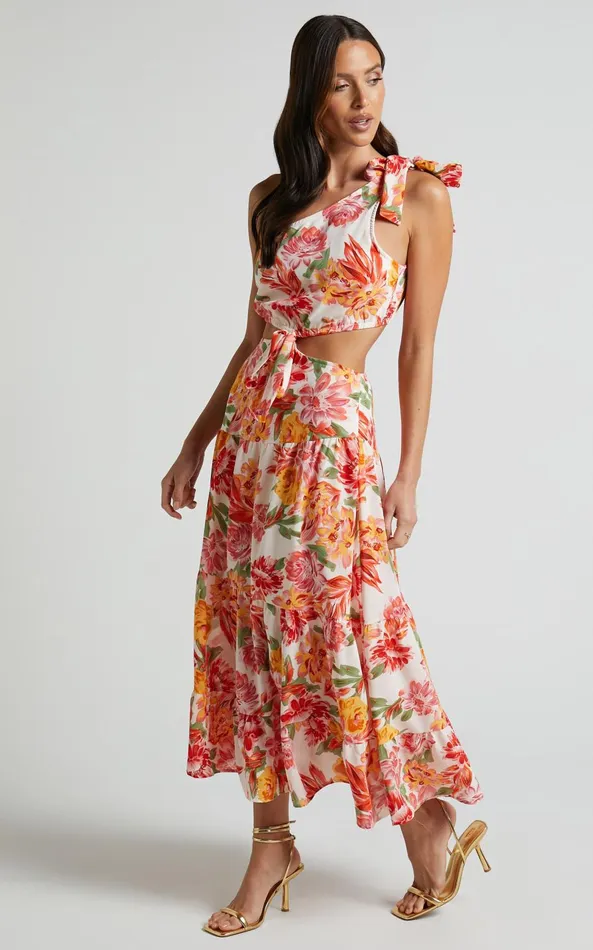 Showpo Amabella Midi Dress 8211 Tie One Shoulder Cut Out Dress In Orange Floral Women Dresses