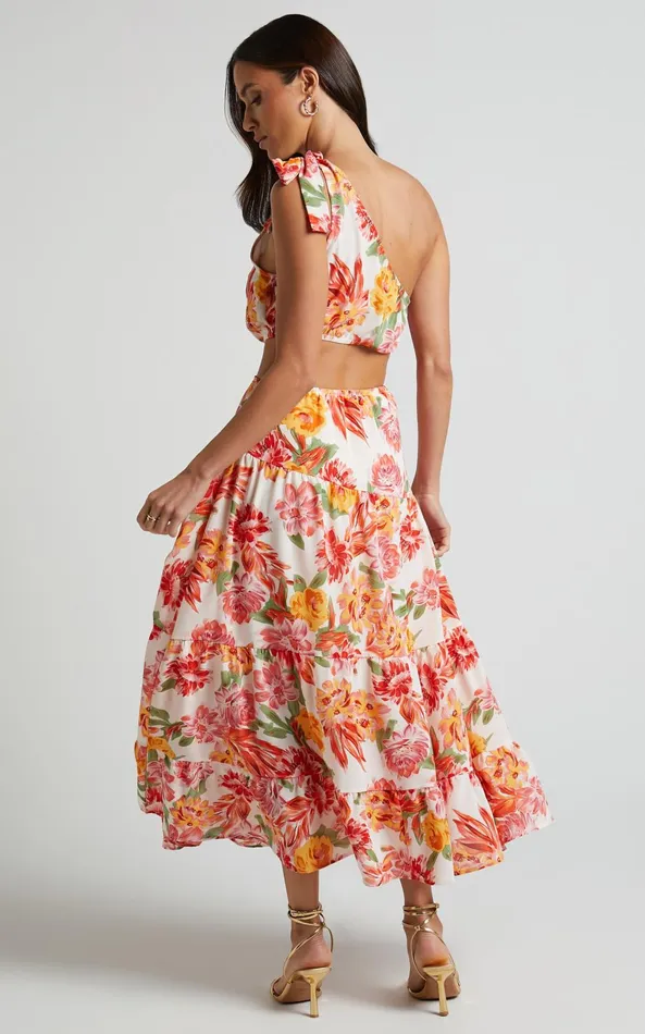 Showpo Amabella Midi Dress 8211 Tie One Shoulder Cut Out Dress In Orange Floral Women Dresses
