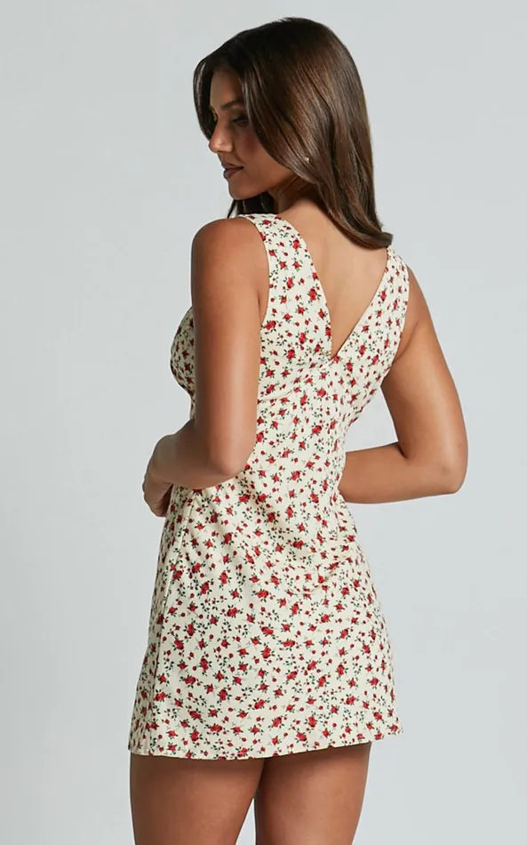 Showpo Amalea Mini Dress 8211 Wide Strap Ruched Bust Dress In Red Floral Women Dresses