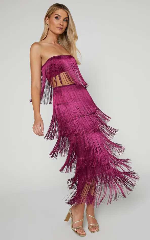 Showpo Amalee Two Piece Set 8211 Fringe Strapless Crop Top And Midi Skirt Set In Mulberry Women Two Piece Sets and Coords Showpo Amalee Two Piece Set 8211 Fringe Strapless Crop Top And Midi Skirt Set In Mulberry Women Two Piece Sets and Coords